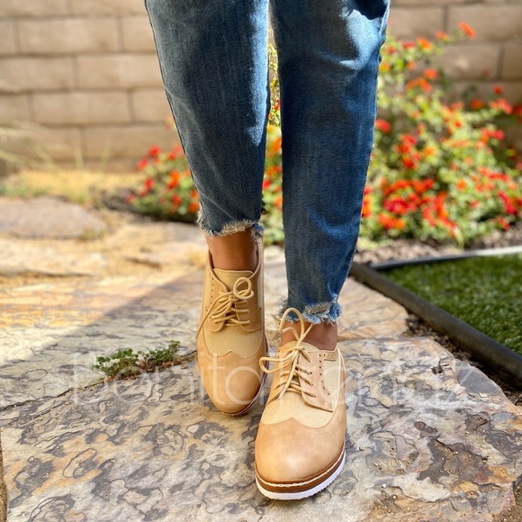 Vegan Leather Camel Wing Tip White Sole Oxfords - Picture 6 of 7